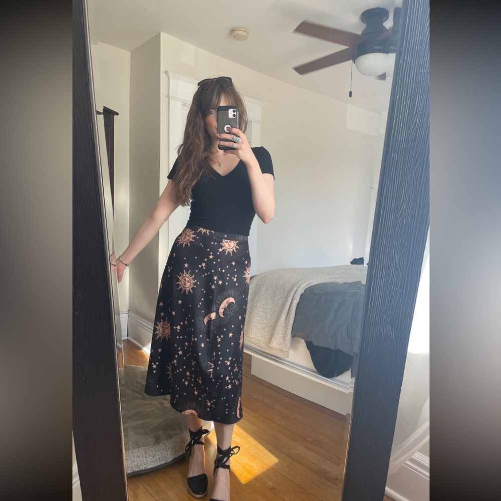 Witchy moon sun and star print midi skirt